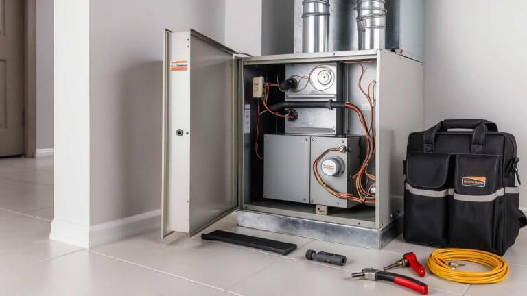 Furnace system being serviced during an emergency repair in Van Nuys, CA, with tools placed nearby