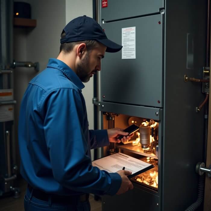 A certified HVAC technician from Season Control is inspecting a gas furnace at a residential property.