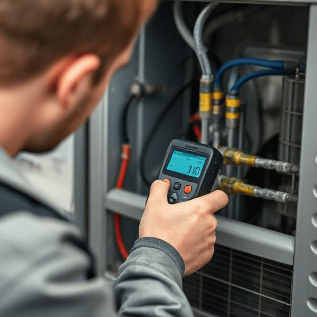 A professional HVAC technician inspecting an air conditioning system for refrigerant leaks using an electronic leak detector. The image focuses on the tools and refrigerant lines, emphasizing the accuracy of the detection process.