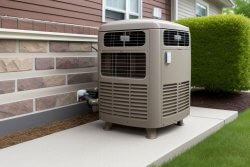 Close-up of an aging outdoor air conditioning unit showing subtle wear, condensation pooling near the base, and signs of compressor strain, indicating potential refrigerant or electrical issues common in failing AC systems.