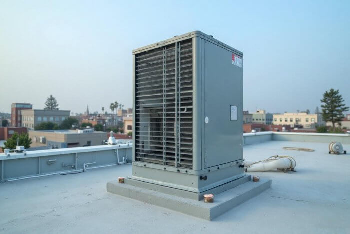 Modern HVAC system undergoing energy-efficient upgrades with zoning controls and smart retrofit components on a Los Angeles commercial building rooftop.