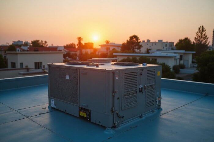 Emergency HVAC repair in progress on a rooftop system in Los Angeles with technicians restoring heating and cooling performance.