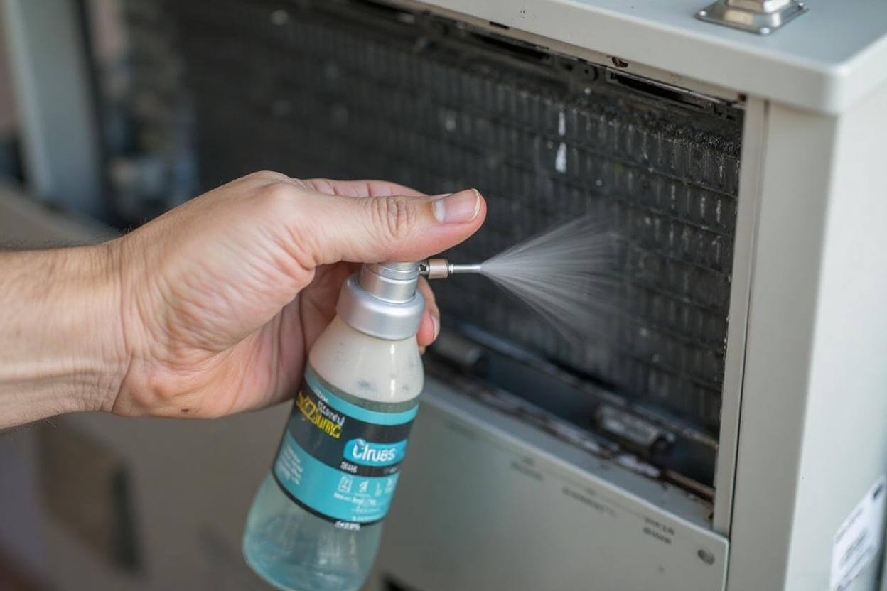 Homeowner using a spray bottle to clean evaporator coil inside an AC unit