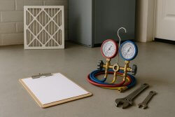 Season Control HVAC offers expert system maintenance in Los Angeles. This image shows a detailed maintenance checklist on a clipboard with HVAC tools and filters, representing organized care for heating, cooling, and air quality systems. Serving areas like Van Nuys, Canoga Park, and North Hollywood, Season Control provides 24/7 support, AC tune-ups, furnace service, and smart thermostat installation with over 20 years of trusted experienc