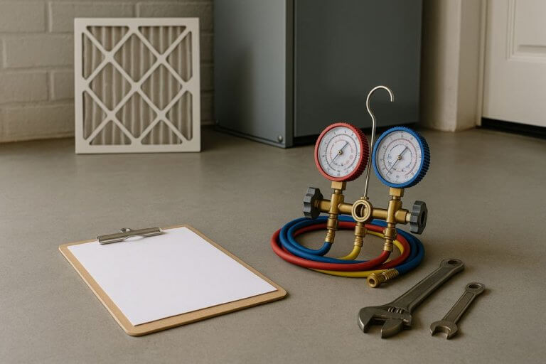 Season Control HVAC offers expert system maintenance in Los Angeles. This image shows a detailed maintenance checklist on a clipboard with HVAC tools and filters, representing organized care for heating, cooling, and air quality systems. Serving areas like Van Nuys, Canoga Park, and North Hollywood, Season Control provides 24/7 support, AC tune-ups, furnace service, and smart thermostat installation with over 20 years of trusted experienc