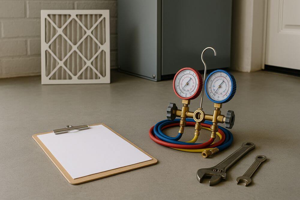 Season Control HVAC offers expert system maintenance in Los Angeles. This image shows a detailed maintenance checklist on a clipboard with HVAC tools and filters, representing organized care for heating, cooling, and air quality systems. Serving areas like Van Nuys, Canoga Park, and North Hollywood, Season Control provides 24/7 support, AC tune-ups, furnace service, and smart thermostat installation with over 20 years of trusted experienc