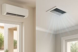 Season Control HVAC compares mini split systems and central air options for homes in Los Angeles. This image shows a mini split wall unit and a central air ceiling vent, offering insight into system styles, energy use, and installation differences. Their certified team provides expert advice and installations tailored to local climate needs