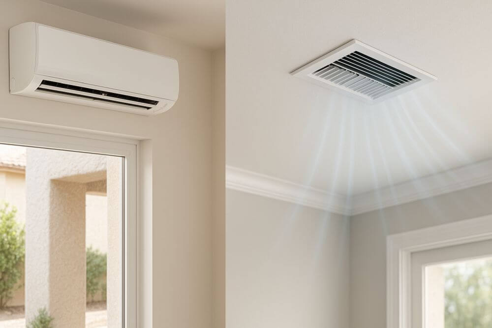 Season Control HVAC compares mini split systems and central air options for homes in Los Angeles. This image shows a mini split wall unit and a central air ceiling vent, offering insight into system styles, energy use, and installation differences. Their certified team provides expert advice and installations tailored to local climate needs