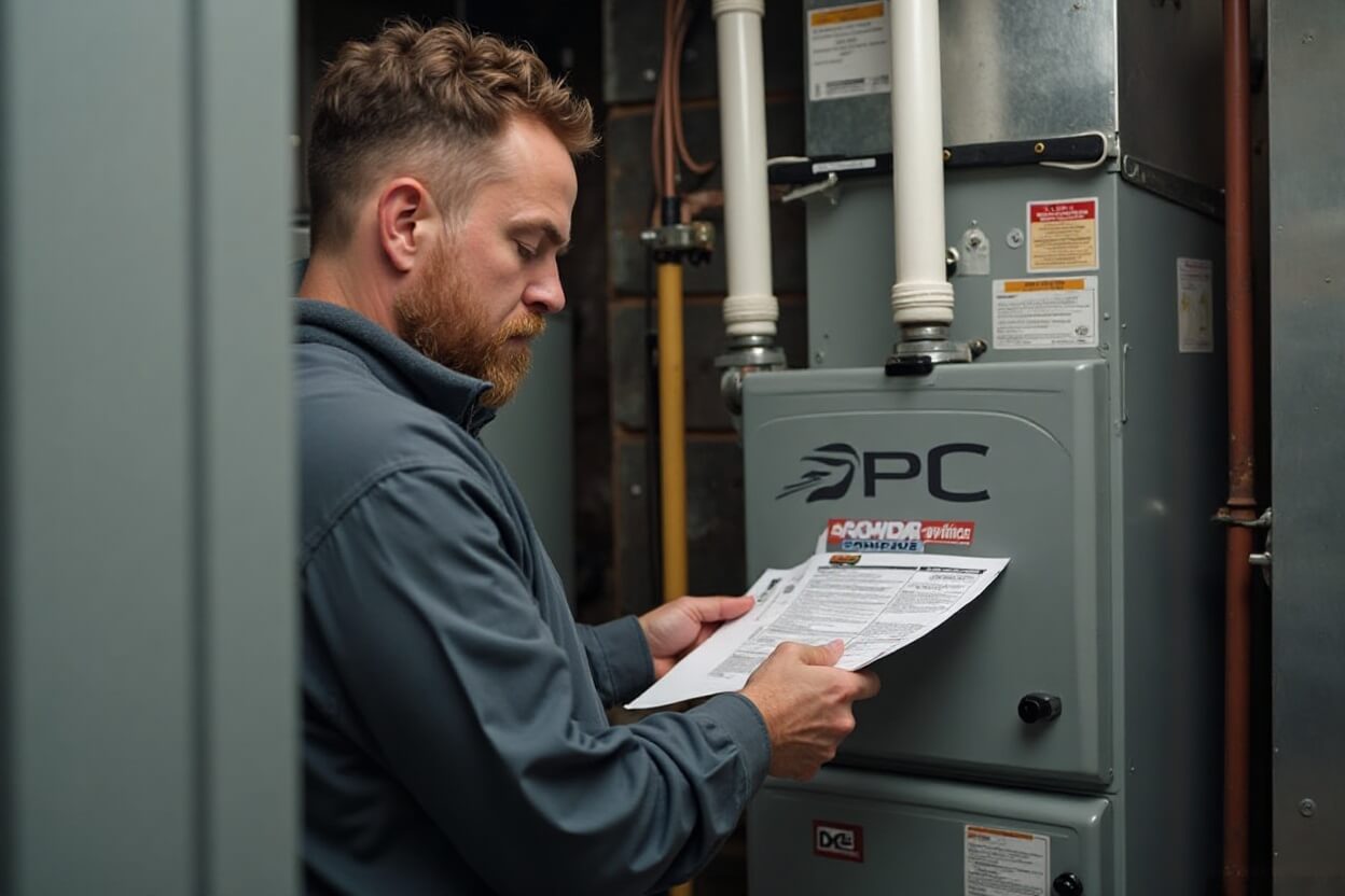 HVAC expert checking and servicing a gas furnace during annual maintenance